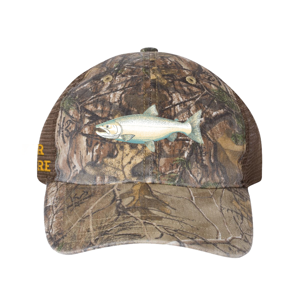 Chinook Salmon Camo Trucker Hat Front 